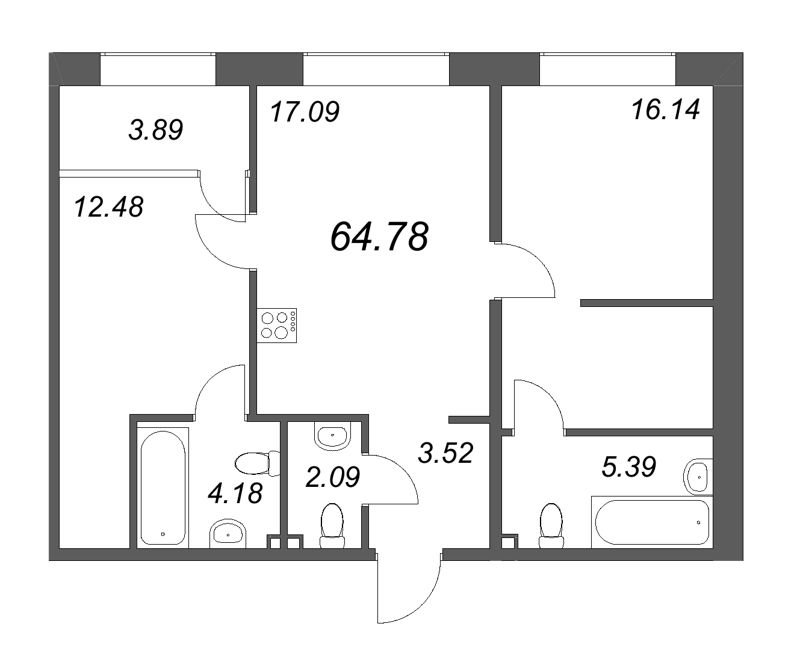 3-комнатная (Евро) квартира, 64.78 м² в ЖК "17/33 Петровский остров" - планировка, фото №1