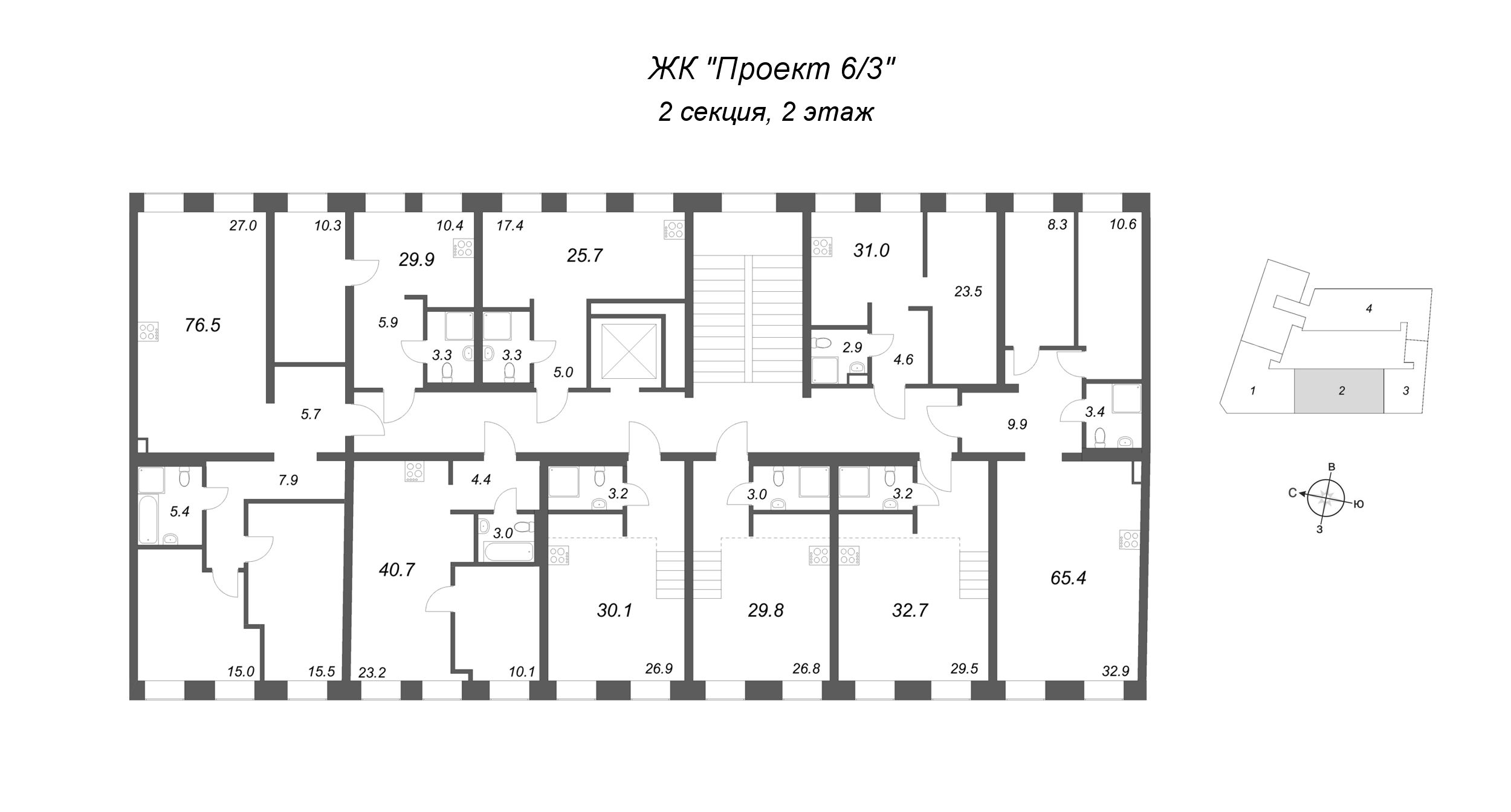 2-комнатная (Евро) квартира, 41 м² в ЖК "Проект 6/3" - планировка этажа
