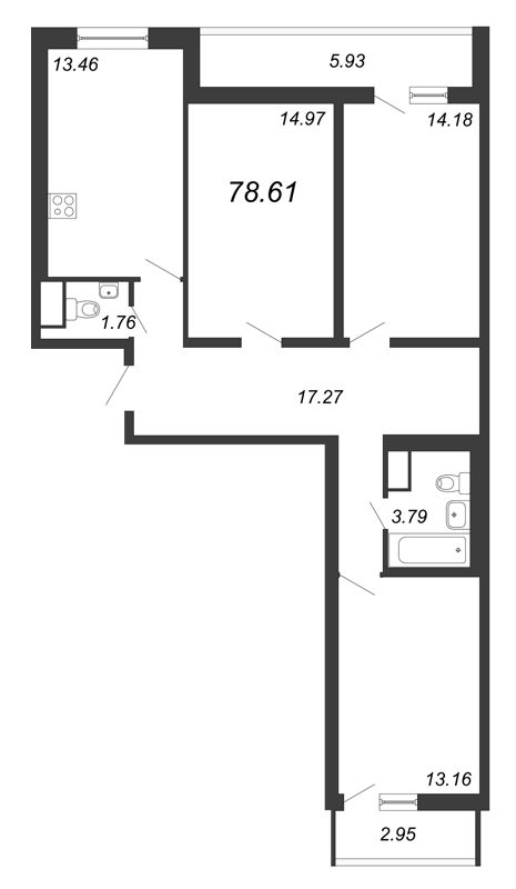 3-комнатная квартира, 78.61 м² в ЖК "Приморский квартал" - планировка, фото №1