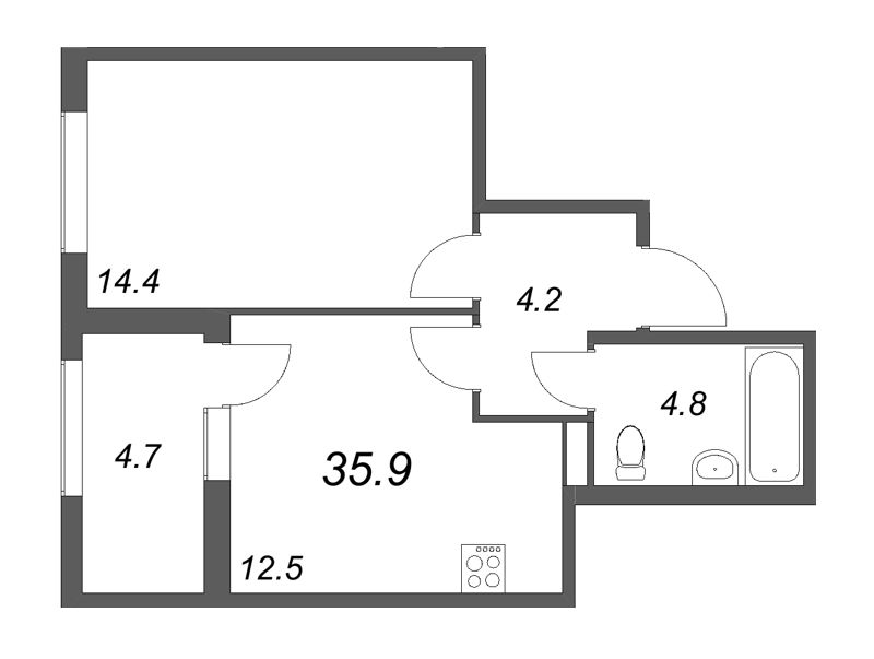 1-комнатная квартира, 35.9 м² в ЖК "ЮгТаун" - планировка, фото №1