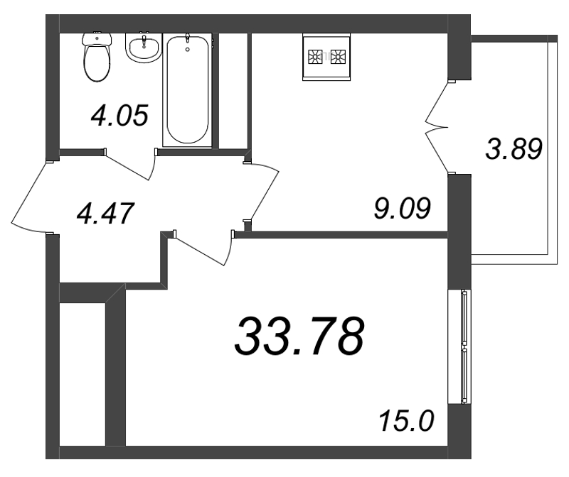 1-комнатная квартира, 33.8 м² - планировка, фото №1