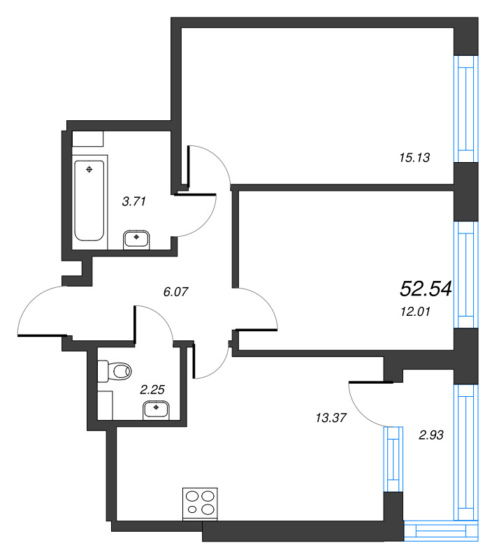 2-комнатная квартира, 52.54 м² в ЖК "Б15" - планировка, фото №1