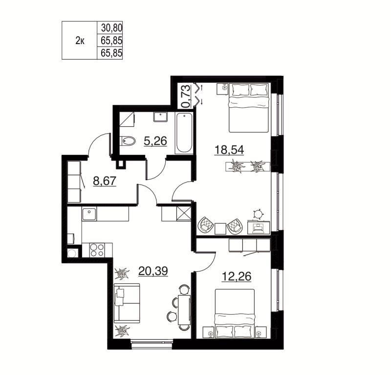 3-комнатная (Евро) квартира, 65.85 м² в ЖК "Соло. Петергоф" - планировка, фото №1