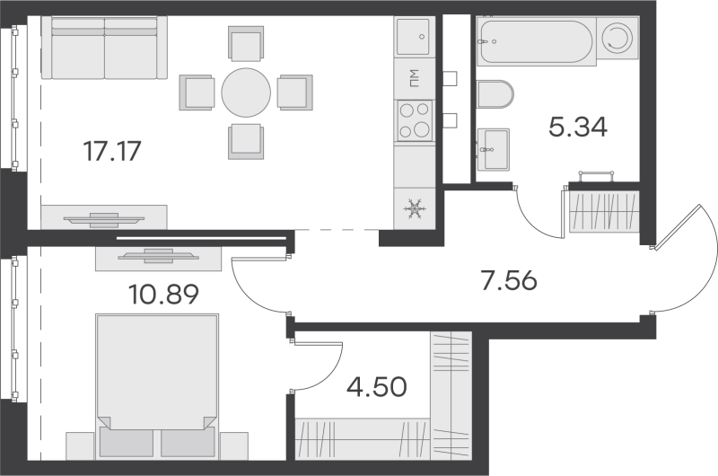 2-комнатная (Евро) квартира, 45.46 м² - планировка, фото №1
