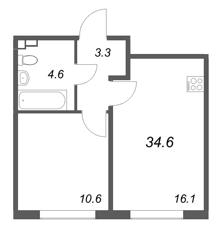 2-комнатная (Евро) квартира, 34.6 м² в ЖК "Пулково Lake" - планировка, фото №1
