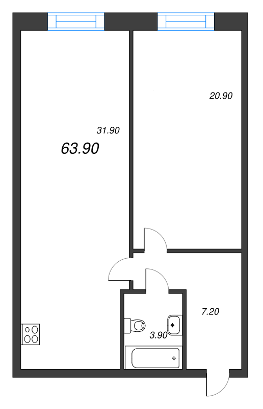 2-комнатная (Евро) квартира, 64 м² - планировка, фото №1