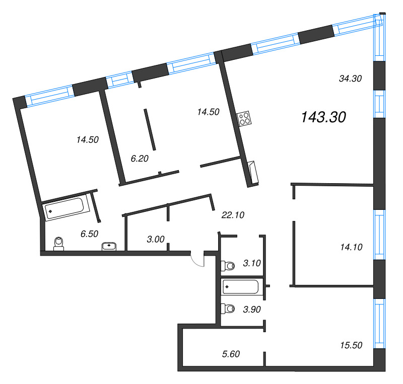 5-комнатная (Евро) квартира, 143.3 м² - планировка, фото №1