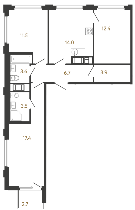 3-комнатная квартира, 73 м² в ЖК "Гений" - планировка, фото №1