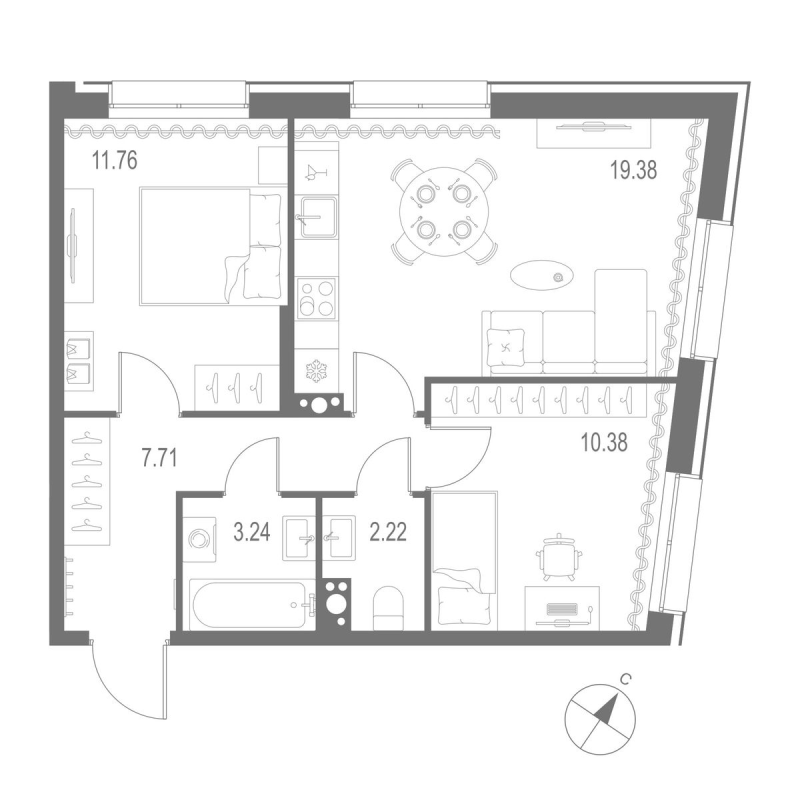 3-комнатная (Евро) квартира, 54.69 м² в ЖК "Остров Первых" - планировка, фото №1