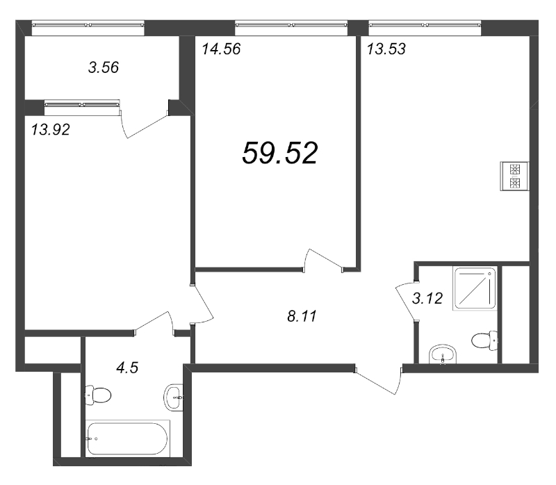 2-комнатная квартира, 59.52 м² в ЖК "GloraX Premium Василеостровский" - планировка, фото №1