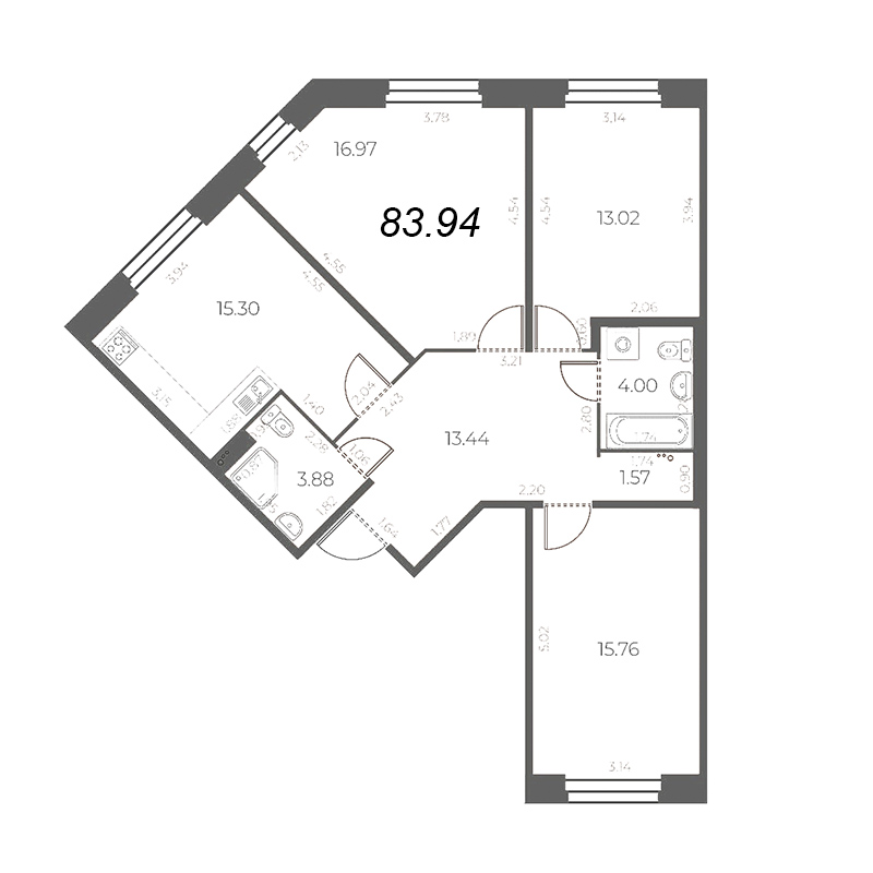 4-комнатная (Евро) квартира, 83.94 м² - планировка, фото №1