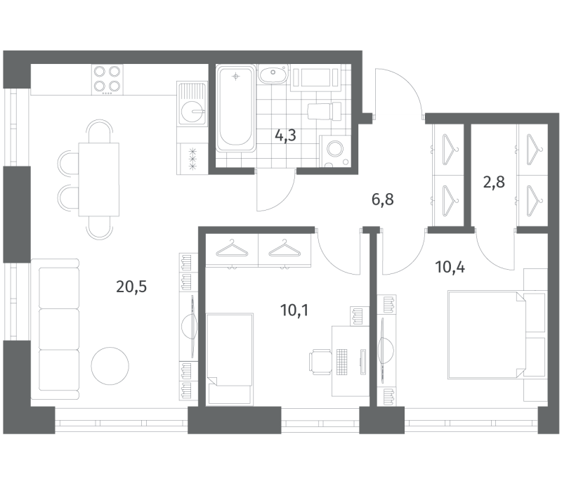 2-комнатная квартира, 54.92 м² в ЖК "NewПитер 2.0" - планировка, фото №1