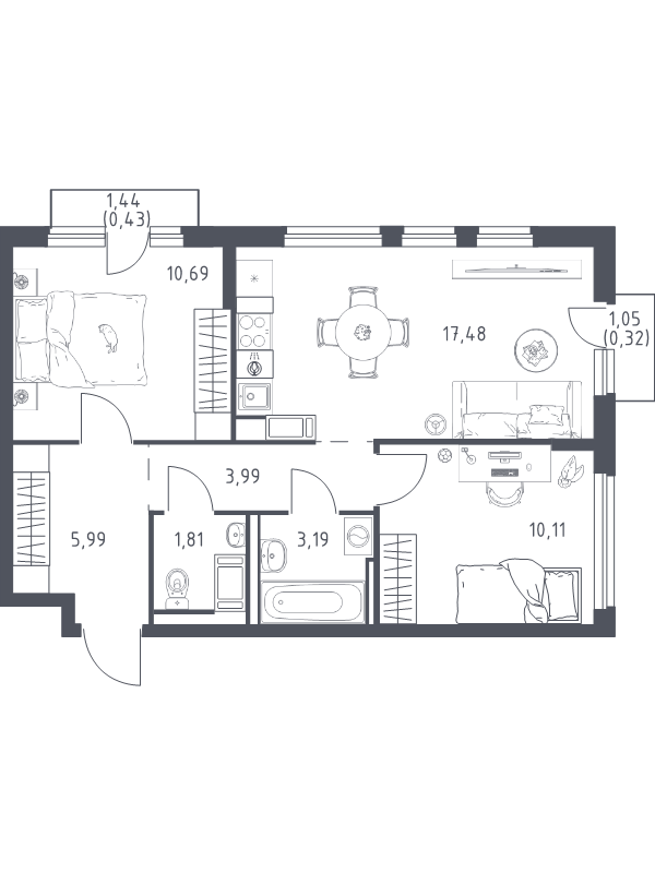 3-комнатная (Евро) квартира, 54.01 м² в ЖК "Новое Колпино" - планировка, фото №1