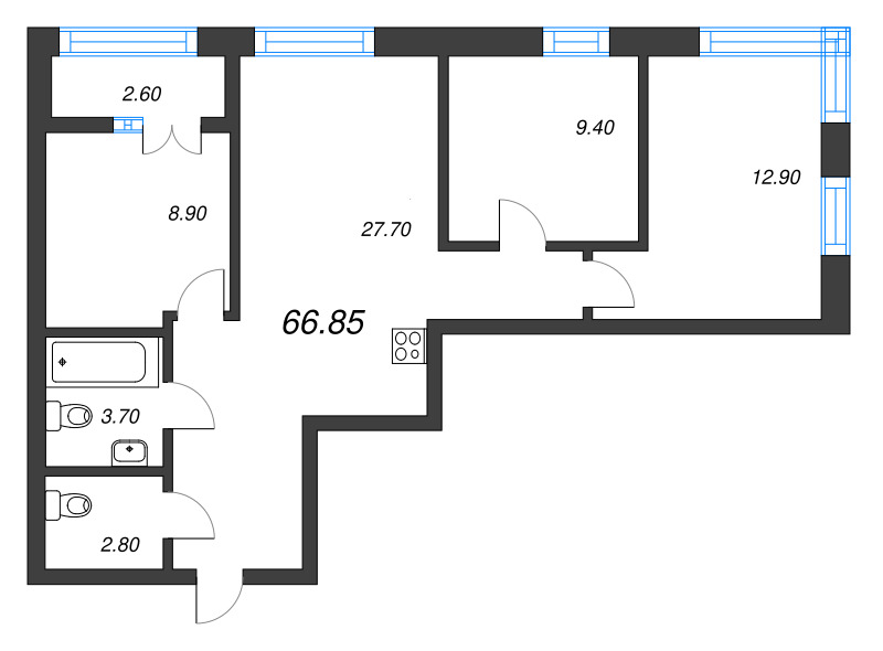 4-комнатная (Евро) квартира, 66.96 м² в ЖК "Новый Питер" - планировка, фото №1
