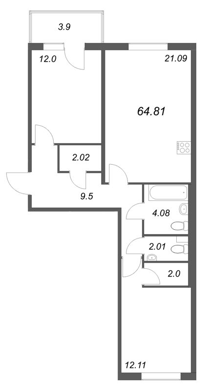 3-комнатная (Евро) квартира, 64.81 м² в ЖК "Любоград" - планировка, фото №1
