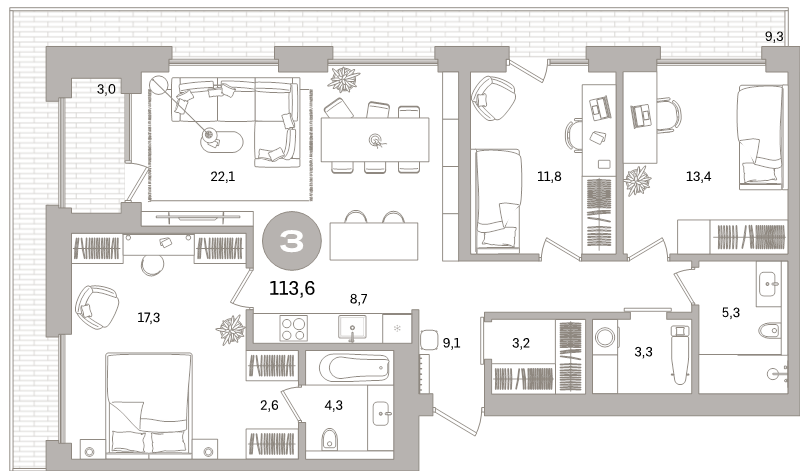 4-комнатная (Евро) квартира, 113.6 м² в ЖК "Северный ветер" - планировка, фото №1