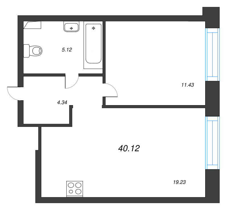 2-комнатная (Евро) квартира, 40.12 м² в ЖК "Остров Первых" - планировка, фото №1