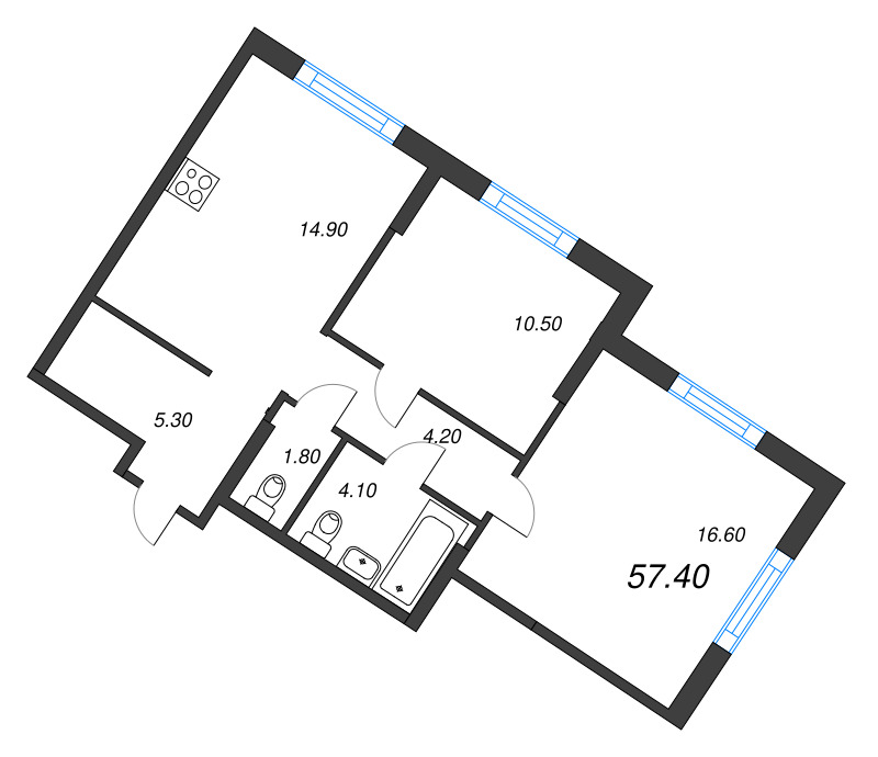 2-комнатная квартира, 57.4 м² в ЖК "Ягодное Река Парк" - планировка, фото №1