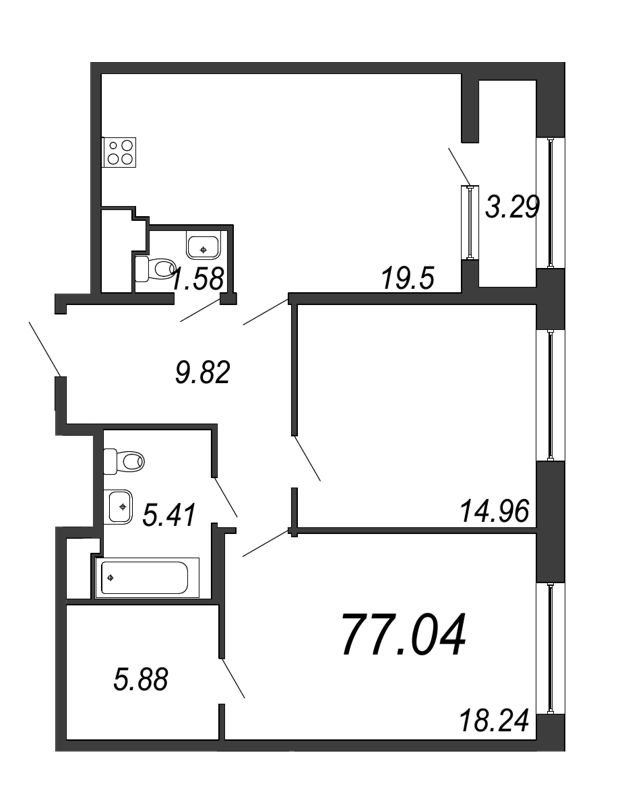 3-комнатная (Евро) квартира, 77.04 м² в ЖК "Дефанс Премиум" - планировка, фото №1
