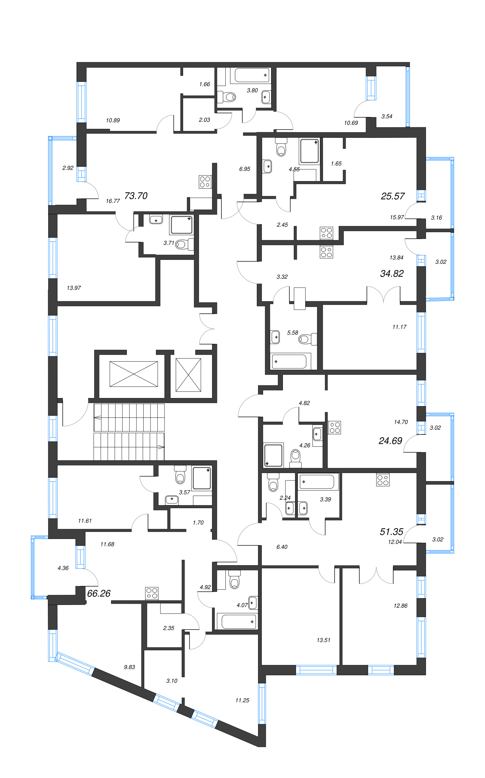 4-комнатная (Евро) квартира, 73.7 м² - планировка этажа