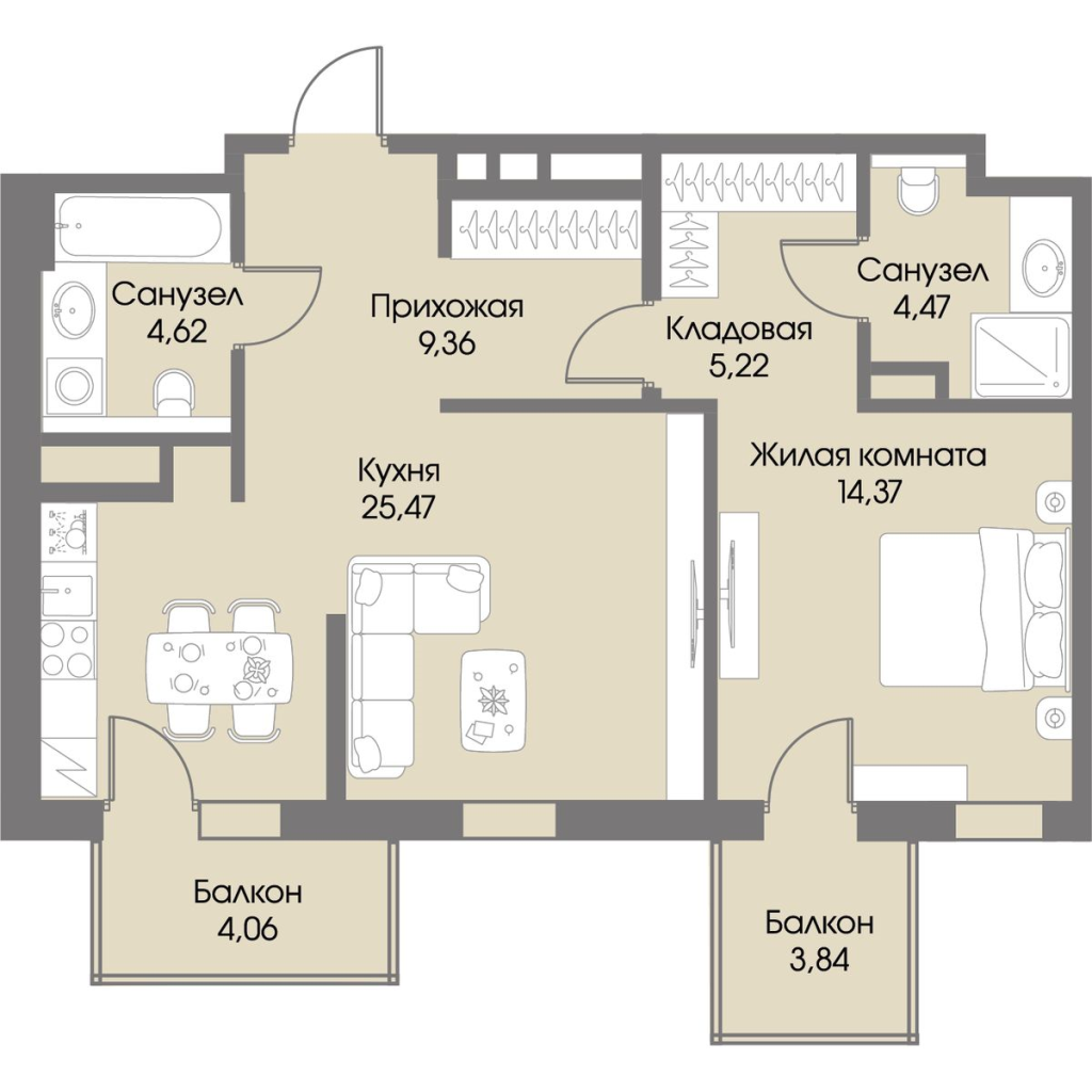 2-комнатная (Евро) квартира, 65.88 м² в ЖК "Рощино Residence" - планировка, фото №1