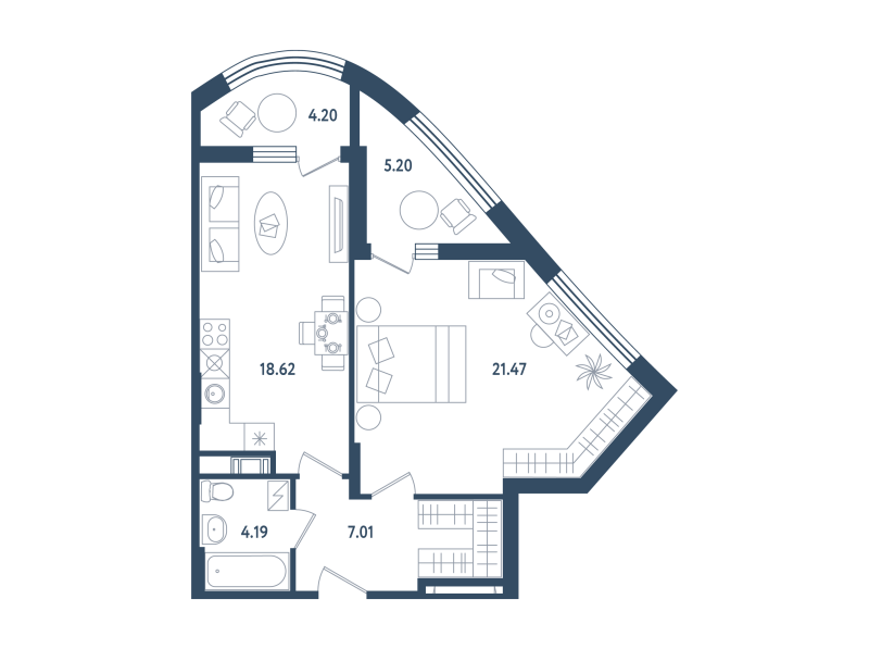 2-комнатная (Евро) квартира, 55.99 м² в ЖК "Мир внутри" - планировка, фото №1