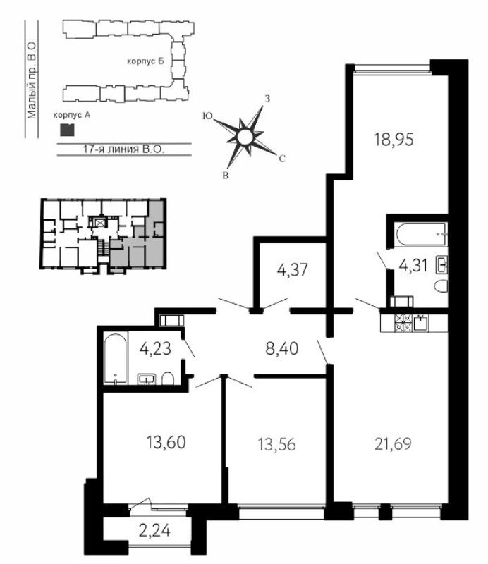 4-комнатная (Евро) квартира, 88.78 м² в ЖК "17-я линия" - планировка, фото №1