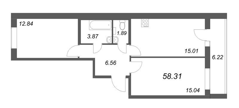 3-комнатная (Евро) квартира, 58.31 м² - планировка, фото №1