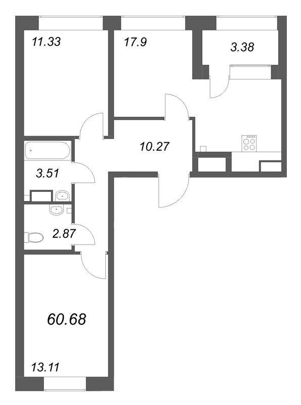 3-комнатная (Евро) квартира, 60.68 м² в ЖК "Аквилон Солар Парк" - планировка, фото №1
