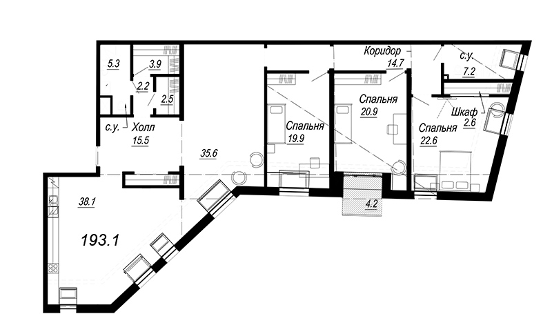 5-комнатная (Евро) квартира, 174.12 м² - планировка, фото №1