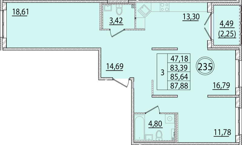 3-комнатная квартира, 83.39 м² - планировка, фото №1