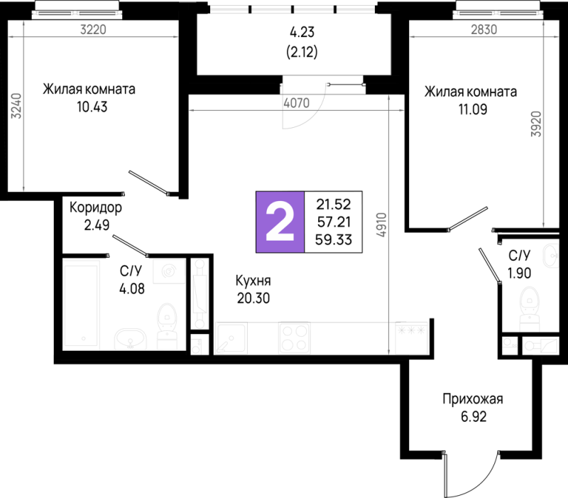 3-комнатная (Евро) квартира, 59.33 м² - планировка, фото №1
