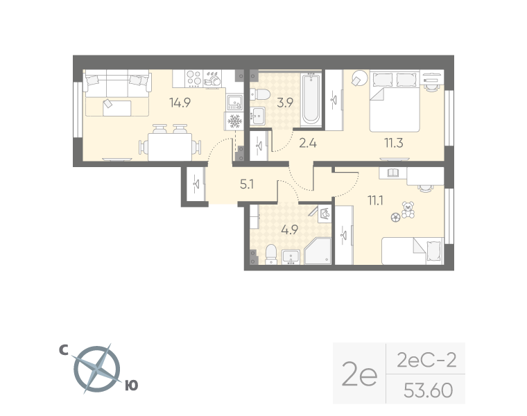 2-комнатная квартира, 53.6 м² в ЖК "Пулково Lake" - планировка, фото №1