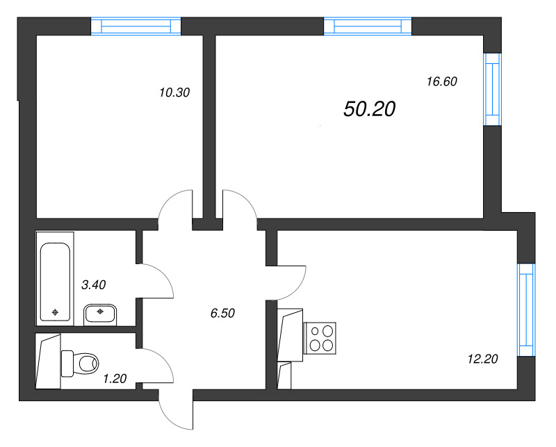 2-комнатная квартира, 50.2 м² в ЖК "Цветной город" - планировка, фото №1