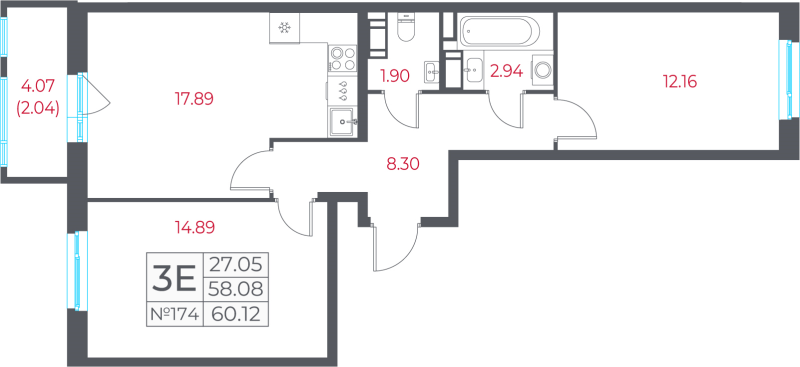 3-комнатная (Евро) квартира, 60.12 м² в ЖК "Город-спутник Южный" - планировка, фото №1