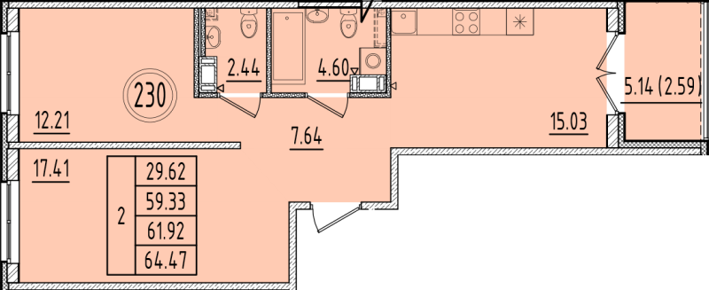 3-комнатная (Евро) квартира, 59.33 м² в ЖК "Образцовый квартал 6.4" - планировка, фото №1