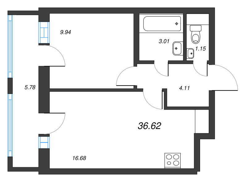 2-комнатная (Евро) квартира, 36.62 м² в ЖК "Старлайт" - планировка, фото №1