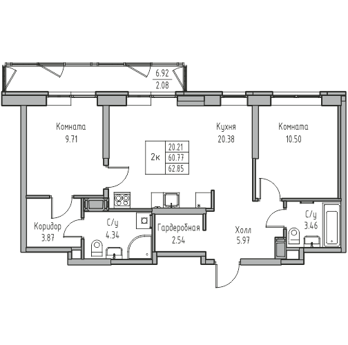 3-комнатная (Евро) квартира, 62.85 м² в ЖК "Юнтолово" - планировка, фото №1