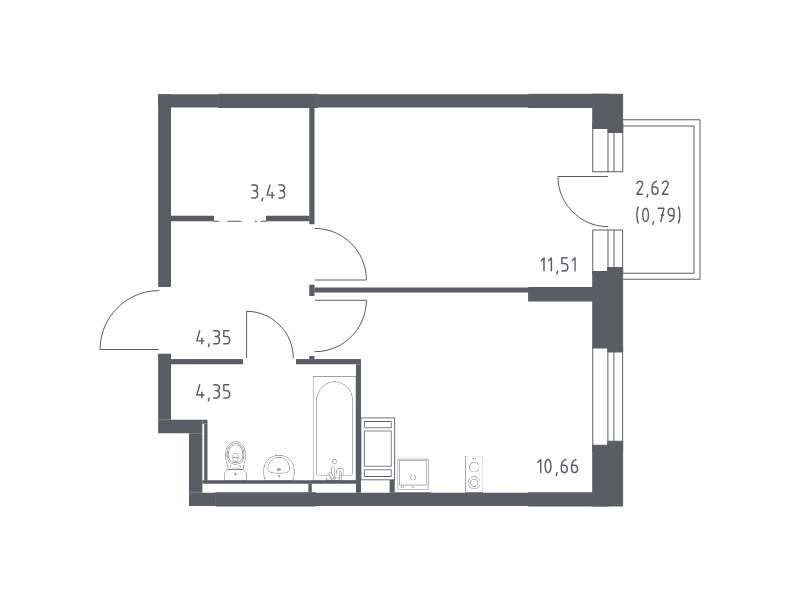 1-комнатная квартира, 35.09 м² в ЖК "Новое Колпино" - планировка, фото №1