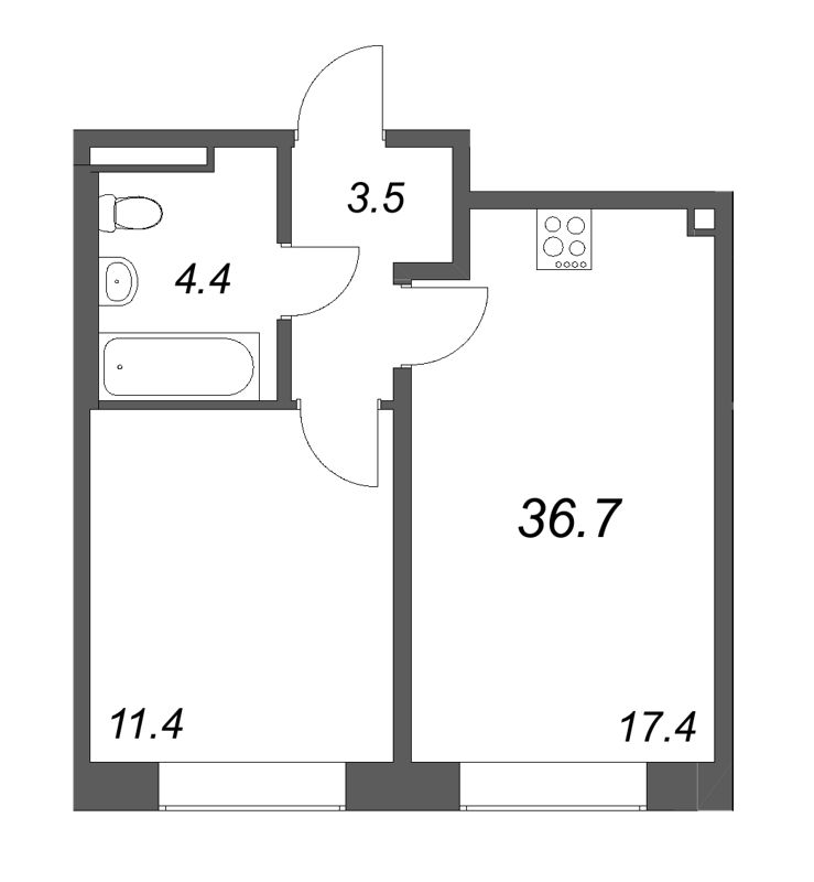 2-комнатная (Евро) квартира, 36.7 м² в ЖК "Пулково Лейк" - планировка, фото №1