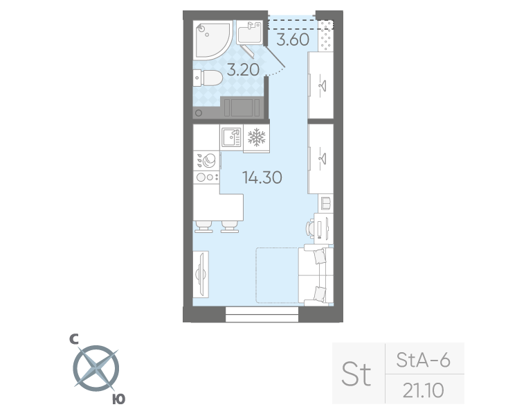 Квартира-студия, 21.1 м² в ЖК "Ручьи" - планировка, фото №1