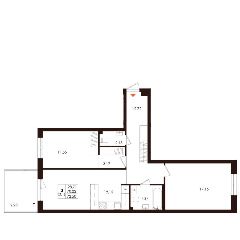 3-комнатная (Евро) квартира, 72.5 м² в ЖК "Лисино" - планировка, фото №1