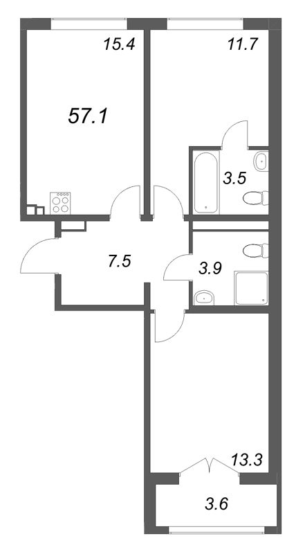 3-комнатная (Евро) квартира, 57.1 м² в ЖК "Пулково Лейк" - планировка, фото №1