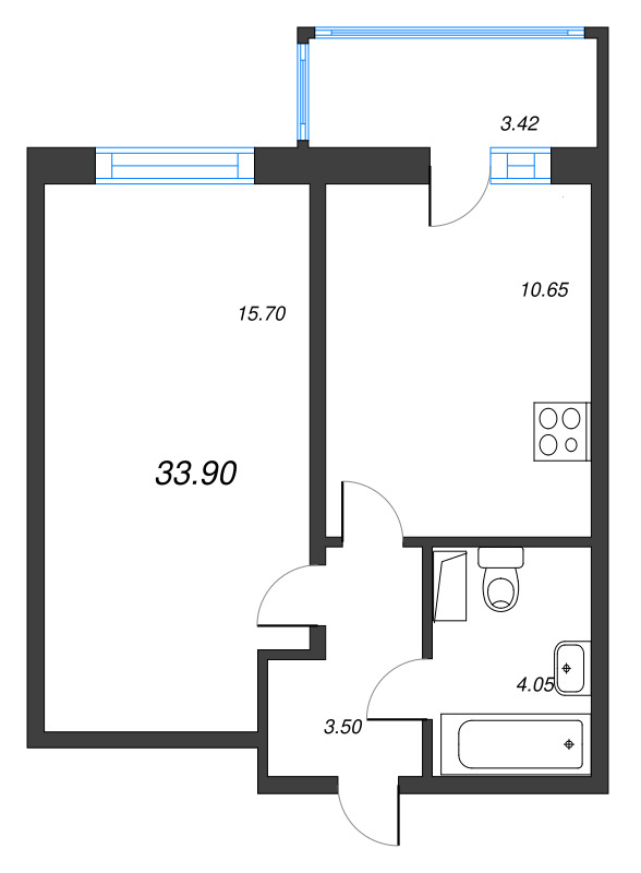 1-комнатная квартира, 33.9 м² - планировка, фото №1