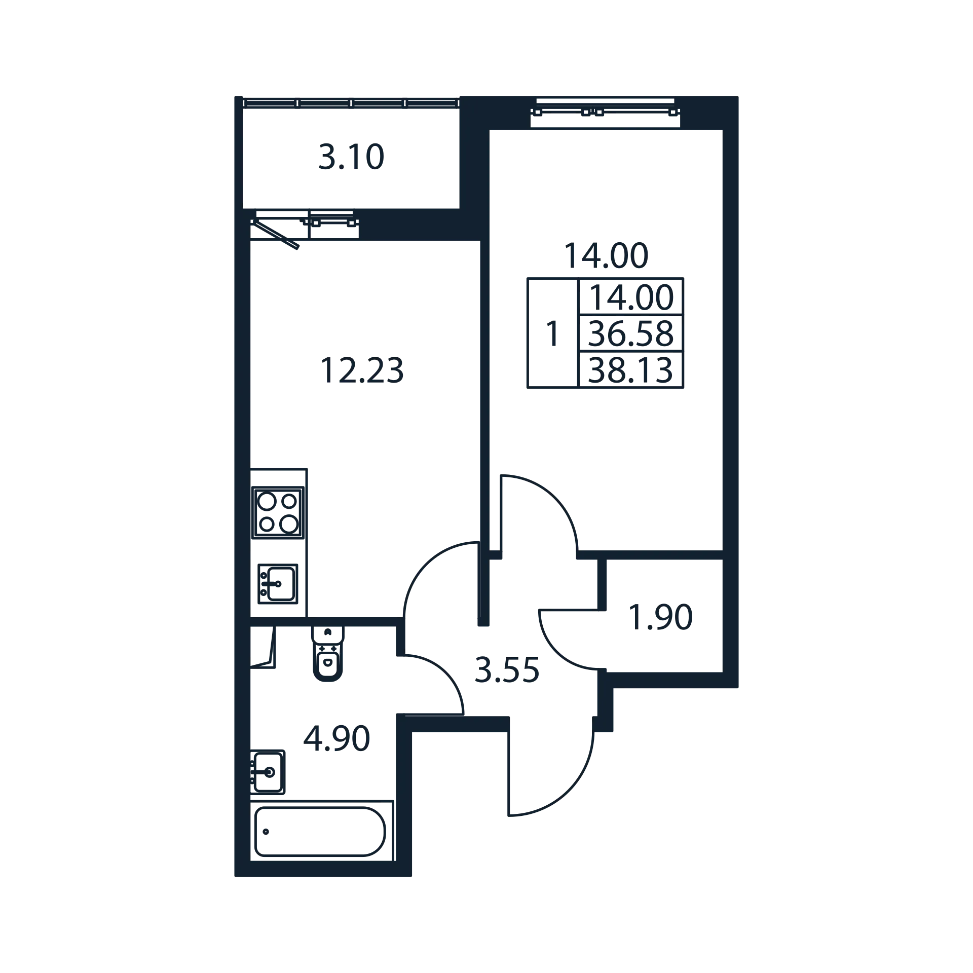 1-комнатная квартира, 36.58 м² в ЖК "Полис ЛАВрики" - планировка, фото №1