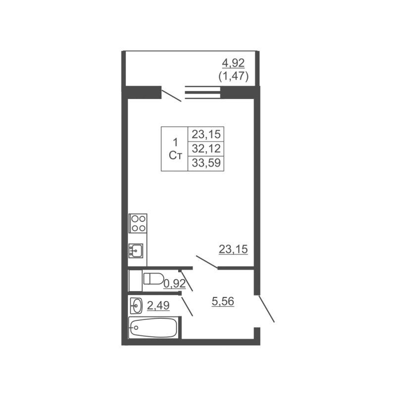 Квартира-студия, 33.59 м² в ЖК "Тандем" - планировка, фото №1