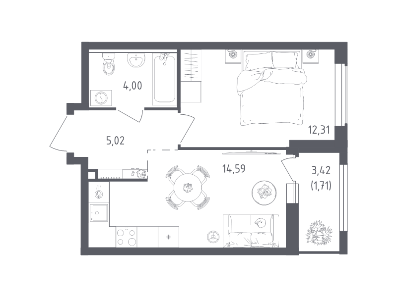1-комнатная квартира, 37.63 м² в ЖК "Южная Нева" - планировка, фото №1