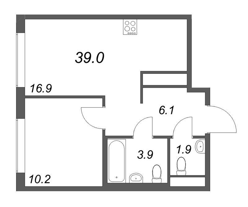 2-комнатная (Евро) квартира, 39 м² в ЖК "Гений" - планировка, фото №1