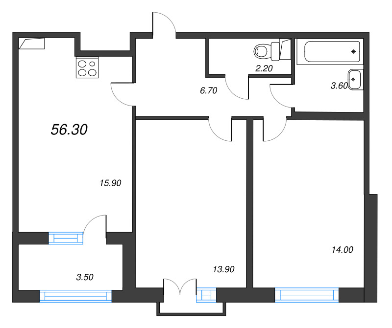 3-комнатная (Евро) квартира, 56.3 м² - планировка, фото №1