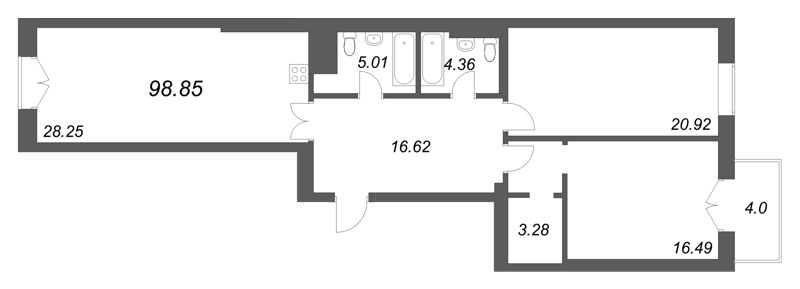 3-комнатная (Евро) квартира, 98.85 м² в ЖК "Фонтанка 130" - планировка, фото №1